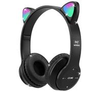 Megadream Kids Wireless Headphones with Microphone,Bluetooth Over Ear Cat Ear LED Light Child Headset TF Card/Wired Foldable Earphones for Boys,3.5mm Audio (Black)