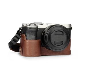 MegaGear Genuine Leather Half Camera Case for Sony Alpha a7C Mark II - Stylish and Protective (Brown)