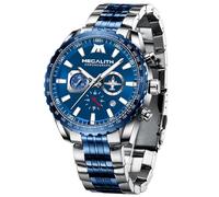 MEGALITH Designer Watches for Men Chronograph: Silver Blue Stainless Steel