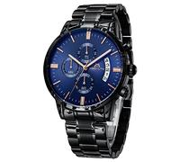 MEGALITH Men's 45mm Military Chronograph Watch - Black Stainless Steel, Blue Large Face, 3 Sub-dials, Luminous Date, Waterproof, Gift for Men