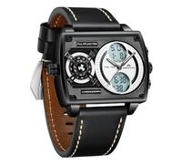 MEGALITH Watches Mens Leather Stylish: Black Big Face Square Multi-Time Zone - Analogue Digital Wrist Watch