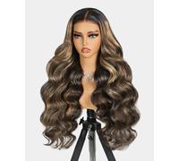 MEGALOOK Balayage Wear and Go Glueless Wigs Human Hair Pre Cut 5x6 HD Lace Front Wig 210% Density Highlight Body Wave Glueless Wig Real Pre Plucked Pre Cut Lace Bleached Knots Wig 1b/27 30 Inch