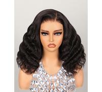 MEGALOOK Ready to Go Glueless Lace Front Wig - Loose Curly Bob Wig, Pre Cut 5x6, Upgraded Pre Plucked Bleached Invisible Knots, Natural Black Color, 14 Inch
