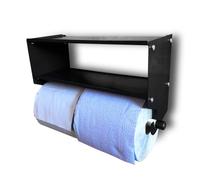 MegaMaxx UK Dual Blue Roll & Paper Towel Holder with Double Shelf - Wall Mounted Steel Dispenser for Workshops, Kitchens, Garages, Sheds and Industrial Cleaning Areas - Black Powder-Coated Steel - UK