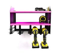MegaMaxx UK Wall Mount Power Tool Storage Unit Pink - Heavy Duty Drill Rack for Garage, Workshop, Van or Shed - Holds 4 Power Drills - Steel Charging Shelf Station with Bit Holders - UK Made