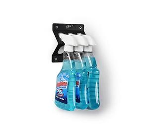 MegaMaxx UK Wall Mount Spray Bottle Holder - Hanging Rack - 3 Slots - Black Finish - Cleaning Accessories & Storage - For Home, Office, Garage, Warehouse, Workshop