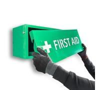 MegaMaxx UK Wall Mounted First Aid Supplies Cabinet - Green Steel Box with White Cut-Out Text - Workplace First Aid Storage - 540mm Wide - UK Made