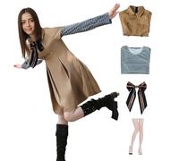 Megan Costume Adult Cosplay，Horror Movie Cosplay Outfit, Uniform Dress with Bow Tie for Halloween (KHAKI1, S)
