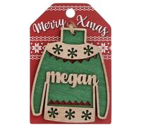 Megan Name Christmas Jumper Wooden Tree Decoration Personalised Bauble Xmas Green