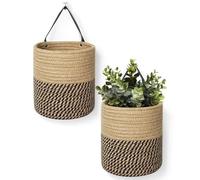 MEGASKET 2 Pack Wall Basket, Small Hanging Baskets for Organizing, Wicker Boho Wall Decor Set, Indoor Hanging Plant Holder Jute Rope Storage Basket, Rattan Woven Organizer for Decor, Black and Jute
