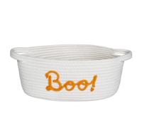 MEGASKET Boo Basket for Halloween, 13" x 9" x 5" Small Woven Cotton Rope Basket with Handles, Orange Rope "Boo!" Design, Empty Gift Basket for Candy, Treats, Halloween Spooky Boo Bin for Adults Men