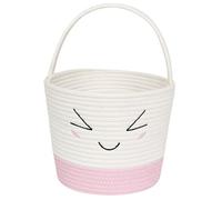 MEGASKET Easter Basket for Kids, Woven Empty Easter Bunny Egg Basket with Handle for Girls, Boys, Toddlers, Babies, Cute Embroidered Facial Design, Empty Gift Bin, Woven Kids Toy Storage Box, Pink