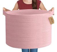 MEGASKET Extra Large Pink Basket, 22"x22"x14" Woven Cotton Rope Bin with Handles, Blanket Storage for Living Room, Baby Kids Toy Storage Bin Box, Wicker Laundry Basket, Pink Room Decor Organizing