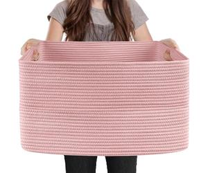 MEGASKET Extra Large Pink Storage Basket, 23.6" x 17" x 12" Rectangle Blanket Basket Living Room, Woven Cotton Rope Basket, Toy Basket Bins, Pink Baskets for Decor, Wicker Baby Laundry Basket