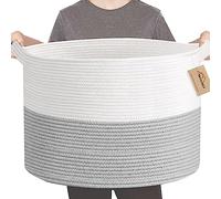 MEGASKET XXXL Large Cotton Rope Storage Bin, 22" X 14" Basket for Blankets Living Room, Woven Baby Kids Toy Storage Bin Box, Giant Throw Pillow Organizer Holder, Large Wicker Basket for Shoes, Gray