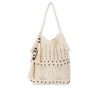 MEGAUK Crochet Beach Bag for Women, Boho Tote Bag with Zip, Summer Bags with Tassel and Bead for Holidays Travel Shopping Music Festival Daily Use (White)