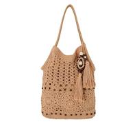 MEGAUK Crochet Beach Bag for Women, Boho Tote Bag with Zip, Summer Bags with Tassel and Bead for Holidays Travel Shopping Music Festival Daily Use (Khaki)