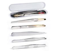 MEGAVOW 5 Pcs Tweezers for Facial Hair Remover, Professional Stainless Steel Eyebrow Slant Tweezer Set, Plucking Beauty Tools with Travel Case, Women and Men