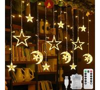 MEgegulo Star Moon LED Curtain Lights，3.5M Warm White Christmas Decorations Waterproof Decoration Lamp, Holiday, Party，Ramadan，8 Flashing Modes Fairy Tale Lights (USB+Battery Box)