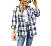 Megfie Oversized Womens Flannel Plaid Soft Flannel Button Down Shirt Roll Up Long Sleeve Flannel Plaid Shirt Blouses Women, Grey, Large
