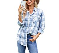 Megfie Sky Blue Oversized Women's Flannel Plaid Soft Flannel Button Down Long Sleeve Shirt, Small
