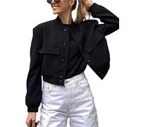 Megfie Womens Cropped Bomber Jacket Button Down Varsity Jackets Shackets With Pockets, Black, S
