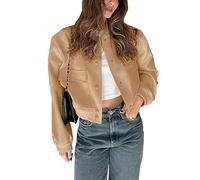 Megfie Womens Cropped Bomber Jacket Button Down Varsity Jackets Shackets with Pockets, Brown, XL