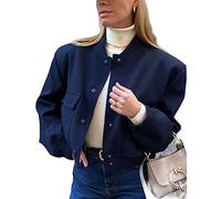 Megfie Womens Cropped Bomber Jacket Button Down Varsity Jackets Shackets With Pockets, Darkblue, S