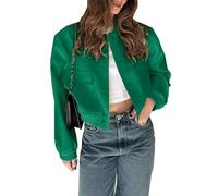 Megfie Womens Cropped Bomber Jacket Button Down Varsity Jackets Shackets With Pockets, Darkgreen, L