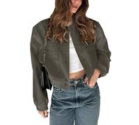 Megfie Womens Cropped Bomber Jacket Button Down Varsity Jackets Shackets With Pockets, Darkgrey, M