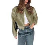 Megfie Womens Cropped Bomber Jacket Button Down Varsity Jackets Shackets with Pockets, Green, L
