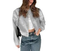Megfie Womens Cropped Bomber Jacket Button Down Varsity Jackets Shackets With Pockets, Greyblue, M