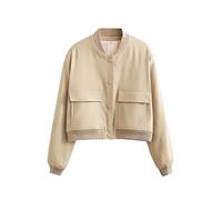 Megfie Womens Cropped Bomber Jacket Button Down Varsity Jackets Shackets With Pockets, Khaki, S