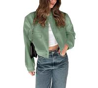 Megfie Womens Cropped Bomber Jacket Button Down Varsity Jackets Shackets With Pockets, Peagreen, L