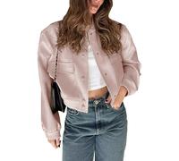 Megfie Womens Cropped Bomber Jacket Button Down Varsity Jackets Shackets With Pockets, Pink, L