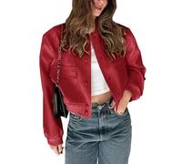 Megfie Womens Cropped Bomber Jacket Button Down Varsity Jackets Shackets with Pockets, Red, XL