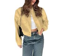 Megfie Womens Cropped Bomber Jacket Button Down Varsity Jackets Shackets with Pockets, Yellow, XS