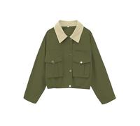Megfie Womens Cropped Jacket Contrast Collar Utility Coat Cargo Jacket Barn Jacket Outwear with Pockets, ArmyGreen, Medium