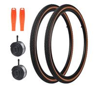 MEGHNA Bicycle Tyre Set Bicycle Coat Tyres 2 Pack 24/26 x 1.5 Inch Cover + 2 Pack AV35 mm Tubes + 2 x Tyre Levers for MTB/Gravel Bike/Road Bike/Folding Bike (Brown Wall, 26 x 1.5 Inches)