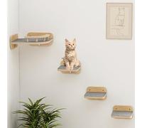 Megidok Corner Cat Climbing Shelf Perches Set Furniture, Cat Bed Wall Mounted with Soft Cushion, Modern Floating Stairs for Wall Indoor-Wood Color