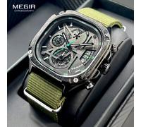 MEGIR Black Quartz Watch Men Waterproof Square Dial Wristwatch with Chronograph Stainless Steel Strap Luminous Hands Auto Date Black Green-Box-T