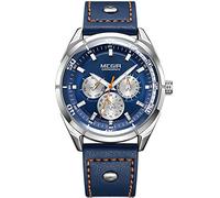 Megir Fashion Men's Analogue Quartz Watches with 24-Hour Calendar Date Week Display Blue Leather Strap Casual Sports Wristwatch for Man Boys