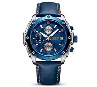Megir Men's Analogue Chronograph Quartz Watches with Blue Leather Strap and Auto Calendar Luminous Function (Blue)