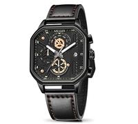 MEGIR Men's Squre Business Work Analogue Quartz Chronograph Luminous Sport Wrist Watch with Leather Strap 8106G, Black