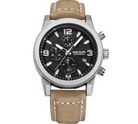 MEGIR Men's Watches Analogue Quartz Chronograph - Waterproof Black Round Dial with Brown Leather Strap for Men