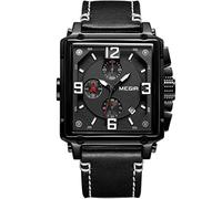 MEGIR Men's Watches Analogue Quartz Chronograph - Waterproof Black Square Dial with Black Leather Strap for Men