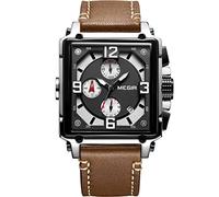 MEGIR Men's Watches Analogue Quartz Chronograph - Waterproof Black Square Dial with Brown Leather Strap for Men