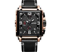 MEGIR Men's Watches Analogue Quartz Chronograph Waterproof Rose Gold Black Square Dial with Black Leather Strap for Men, Strap.