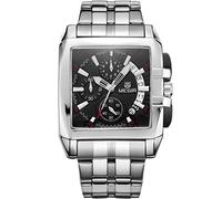 MEGIR Men's Watches Analogue Quartz Multi Chronograph Watch - Waterproof Black Silver Square Dial with Luxury Silver Stainless Steel Strap for Men