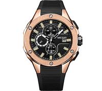MEGIR Men's Watches Analogue Quartz Multi Chronograph Watch - Waterproof Rose Gold Black Round Dial with Business Black Silicone Strap for Men